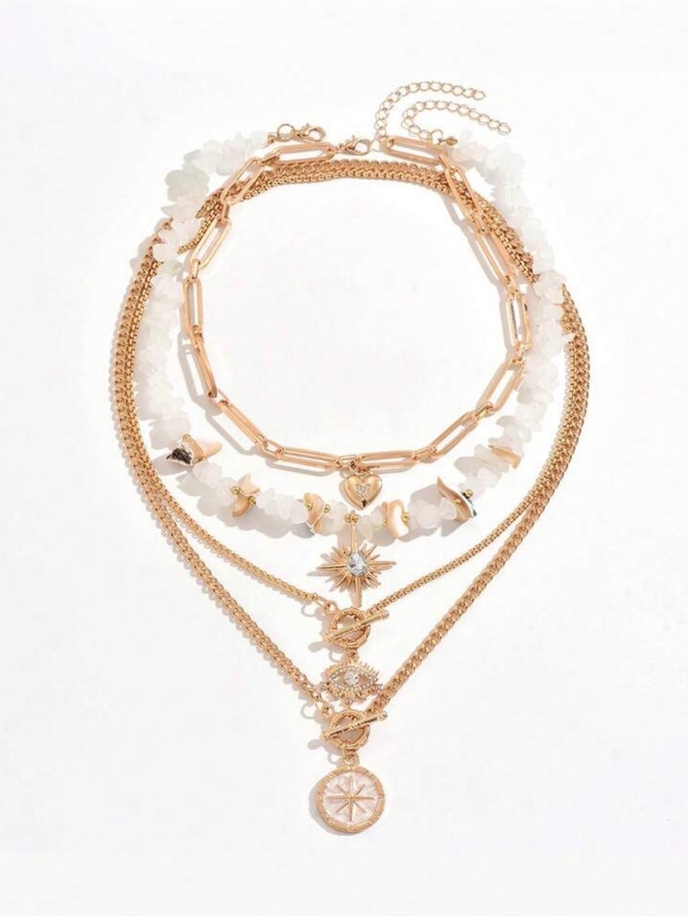Gold and White Layered Bohemian Pendant Necklace Set Evil eye accent - Picture 5 of 5